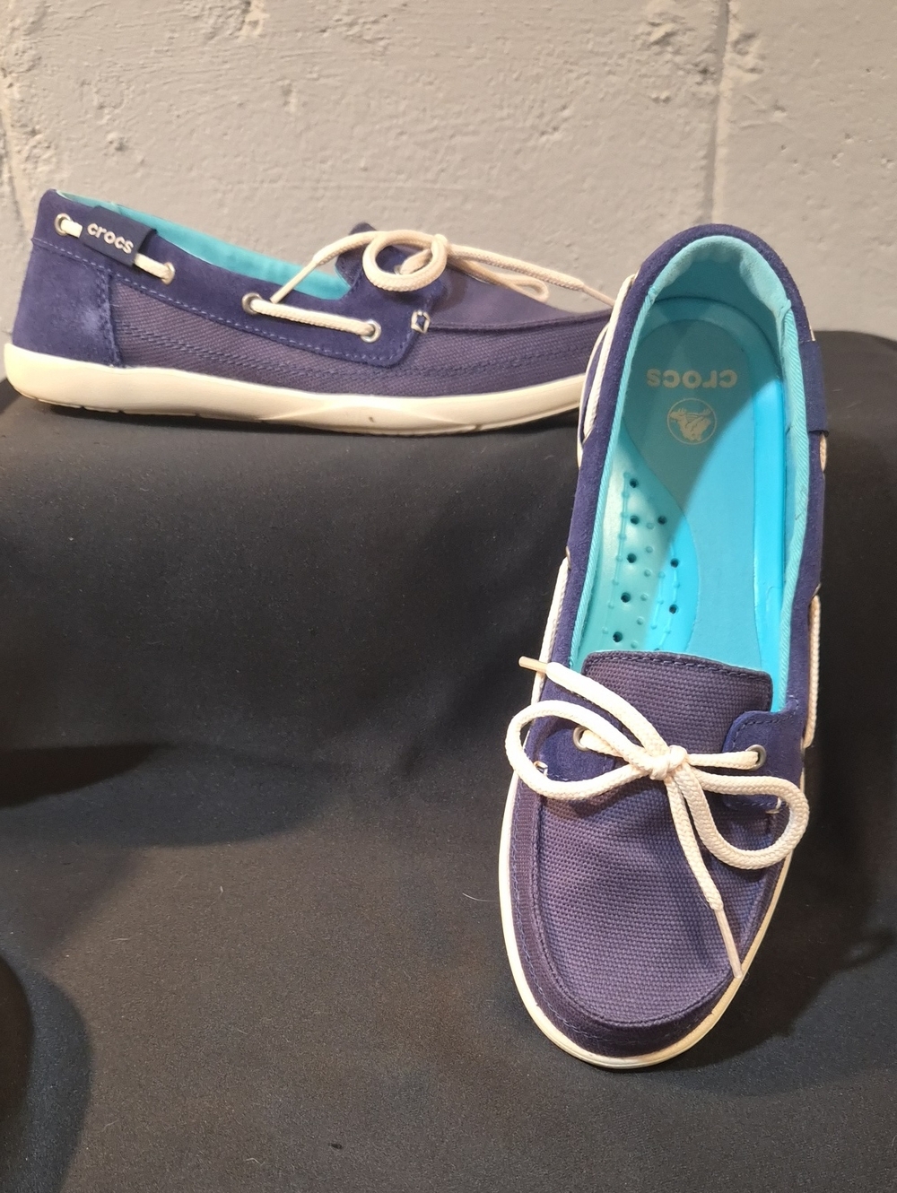 CROCS Women's Navy Canvas Boat Shoe with Aqua Insole